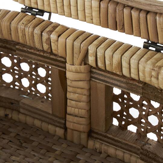 Brown Oval Rattan Storage Box Set with Pane Panels & Glass Tops
